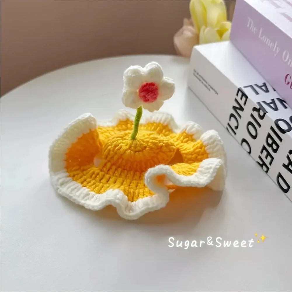 Cat or Dog Crochet Ruffle Sun Hat with Flower - Yellow and White